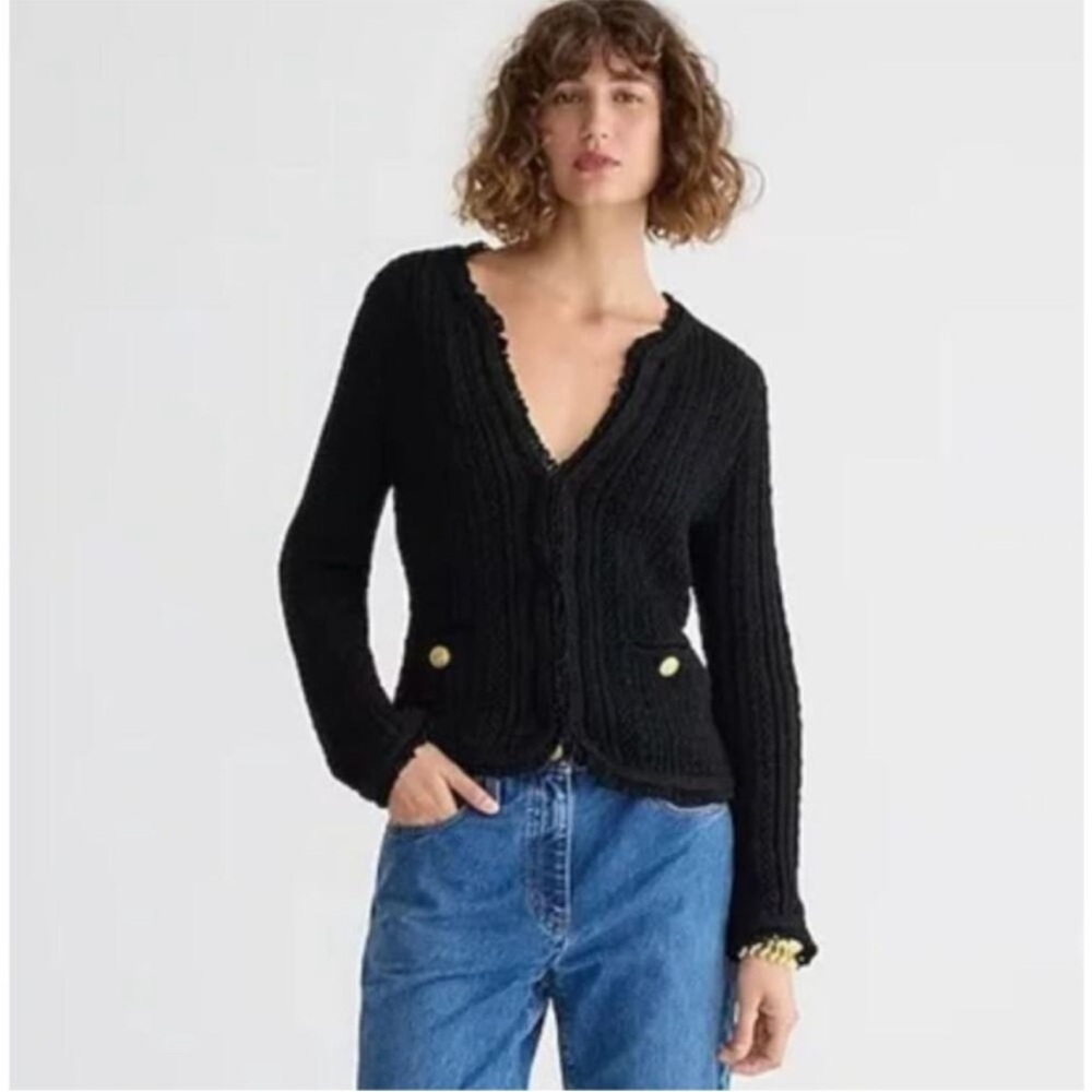 J. Crew Textured Cable-Knit Lady Jacket with Fringe Small Black - Picture 10 of 10